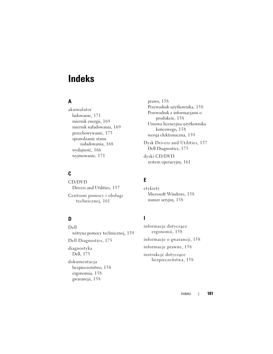 Indeks | Dell Latitude D430 User Manual | Page 181 / 244