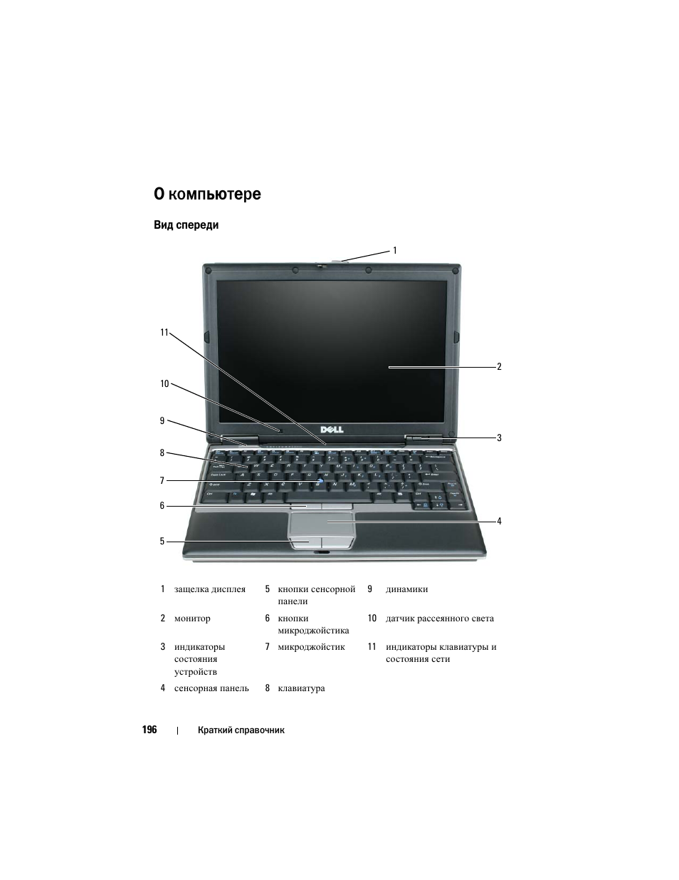 О компьютере, Вид спереди | Dell Latitude D430 User Manual | Page 196 / 244