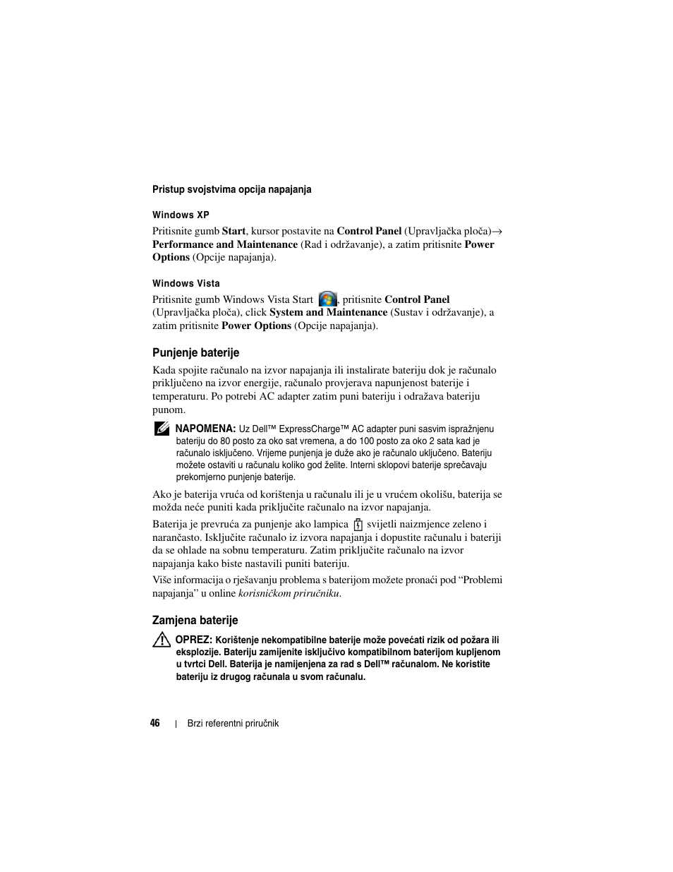 Punjenje baterije, Zamjena baterije | Dell Latitude D430 User Manual | Page 46 / 244