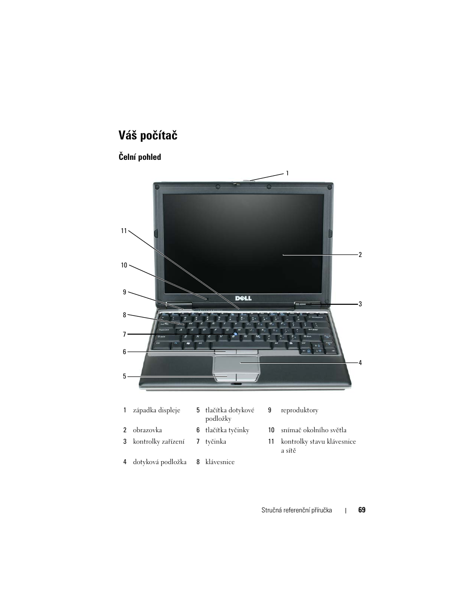 Váš počítač, Čelní pohled | Dell Latitude D430 User Manual | Page 69 / 244
