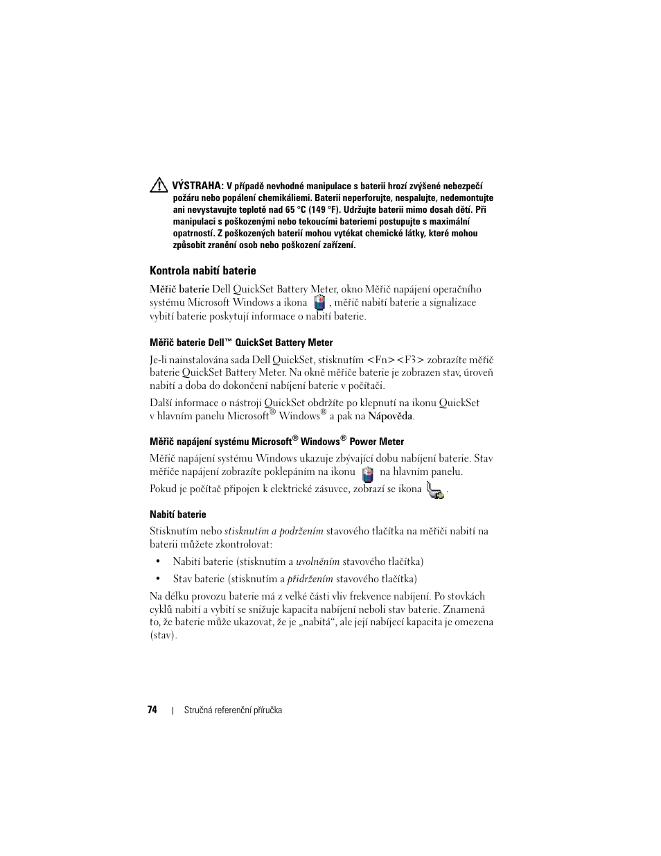 Kontrola nabití baterie | Dell Latitude D430 User Manual | Page 74 / 244