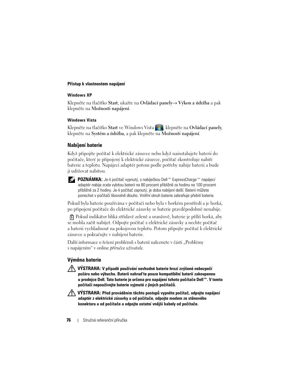 Nabíjení baterie, Výměna baterie | Dell Latitude D430 User Manual | Page 76 / 244