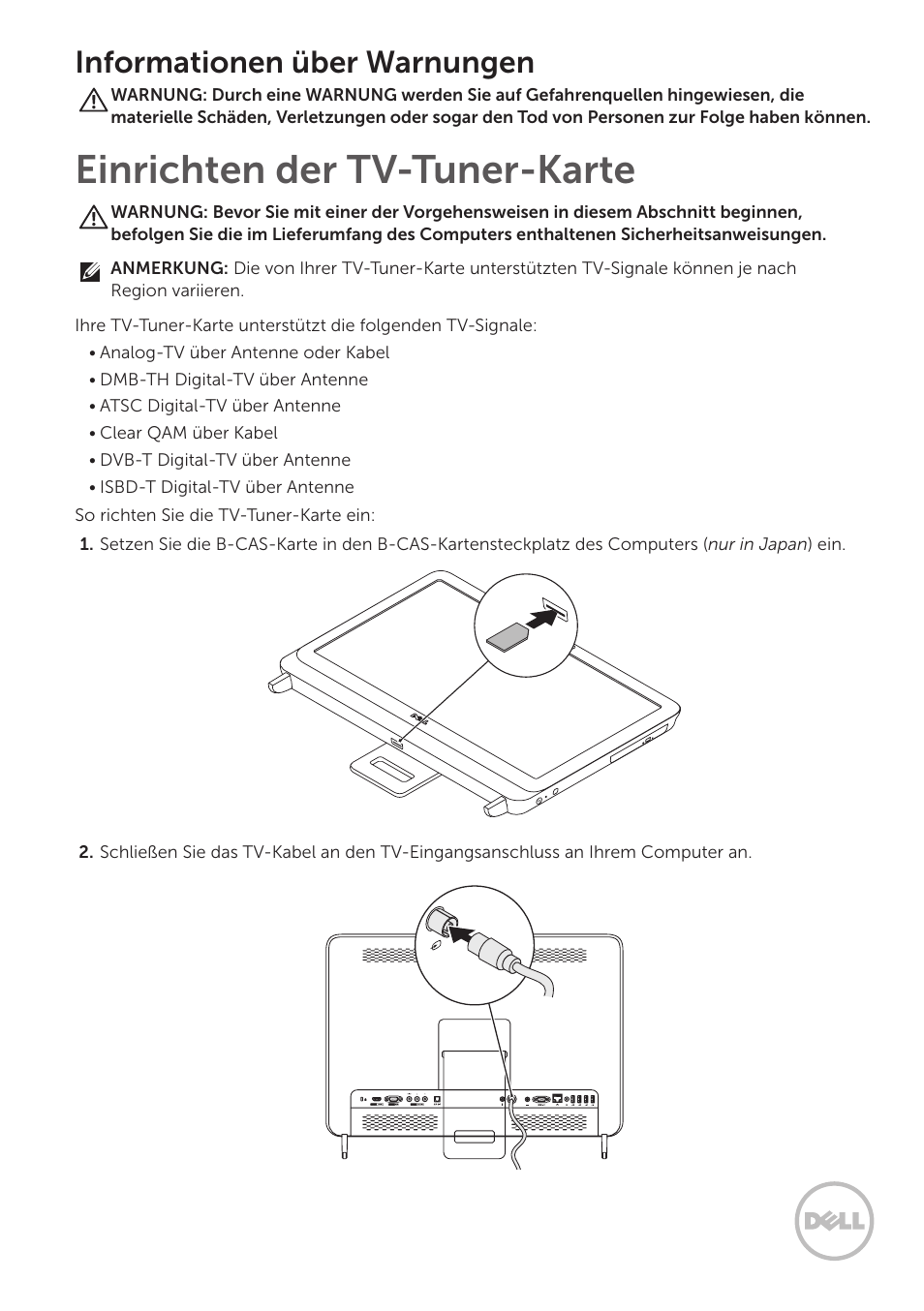 Einrichten der tv-tuner-karte, Informationen über warnungen | Dell Inspiron One 2320 User Manual | Page 3 / 10