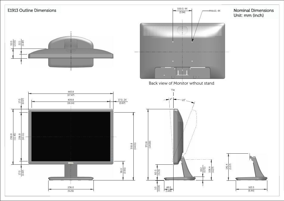 Sheet 1, New_view_1, Right_2 | Top_4, New_view_5, New_view_6, Back view of monitor wthout stand | Dell E1913S Monitor User Manual | Page 2 / 3