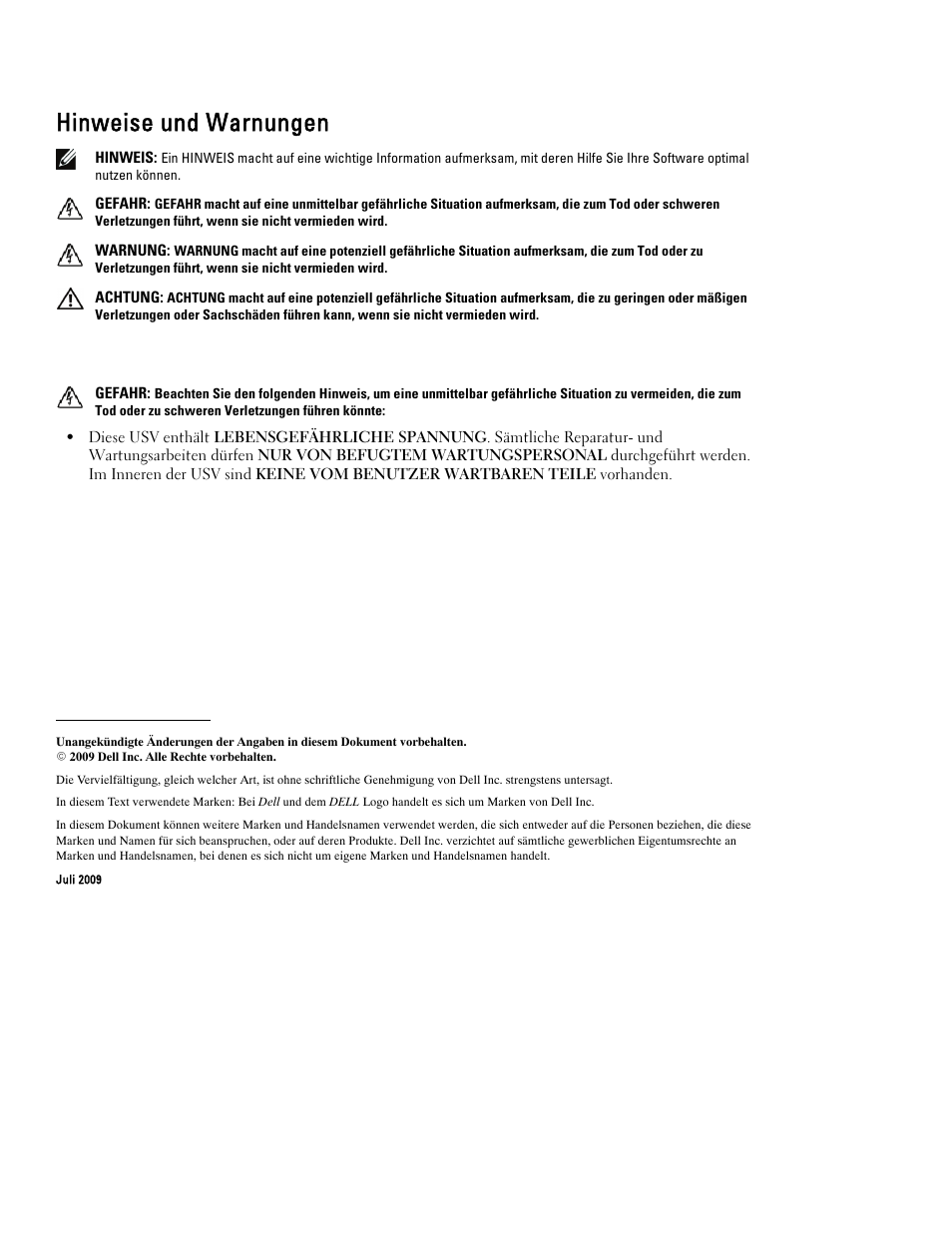 Hinweise und warnungen | Dell UPS 4200R User Manual | Page 24 / 94