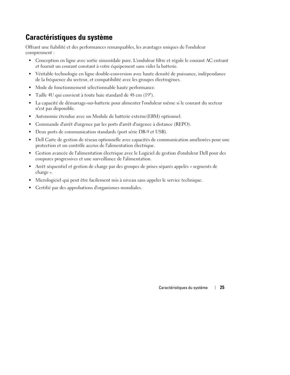 Caractéristiques du système | Dell UPS 3750R User Manual | Page 27 / 202