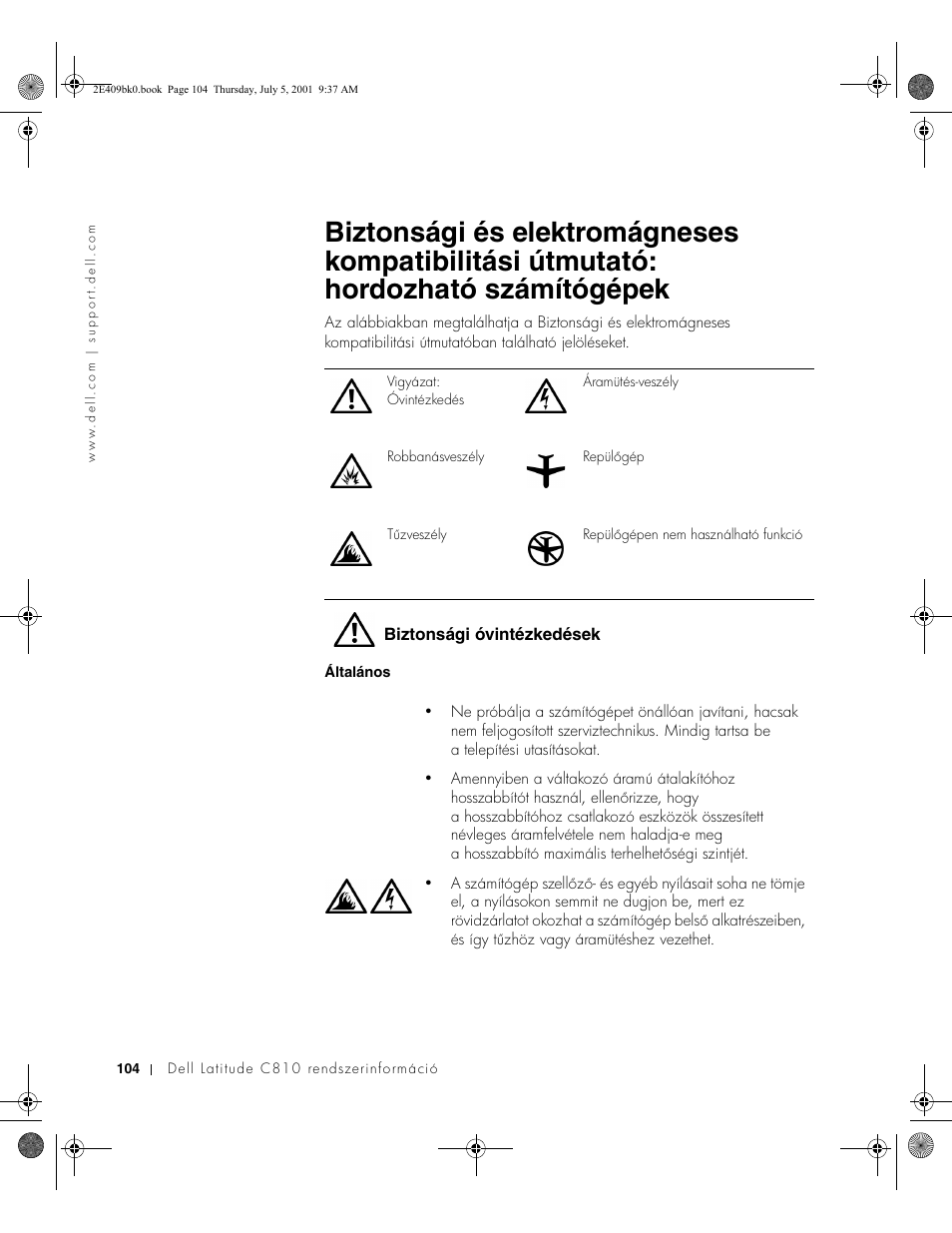 Biztonsági óvintézkedések | Dell Latitude C810 User Manual | Page 106 / 304