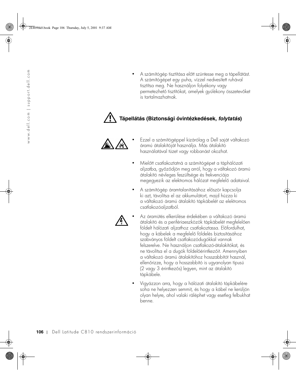 Tápellátás (biztonsági óvintézkedések, folytatás), Tápellátás (biztonsági óvintézkedések, folytatás ) | Dell Latitude C810 User Manual | Page 108 / 304