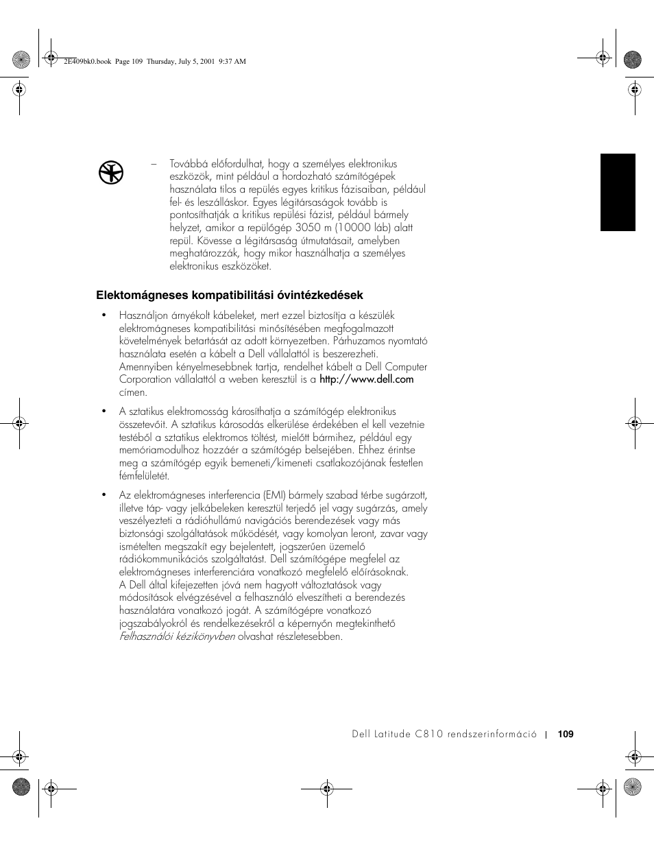 Elektomágneses kompatibilitási óvintézkedések | Dell Latitude C810 User Manual | Page 111 / 304