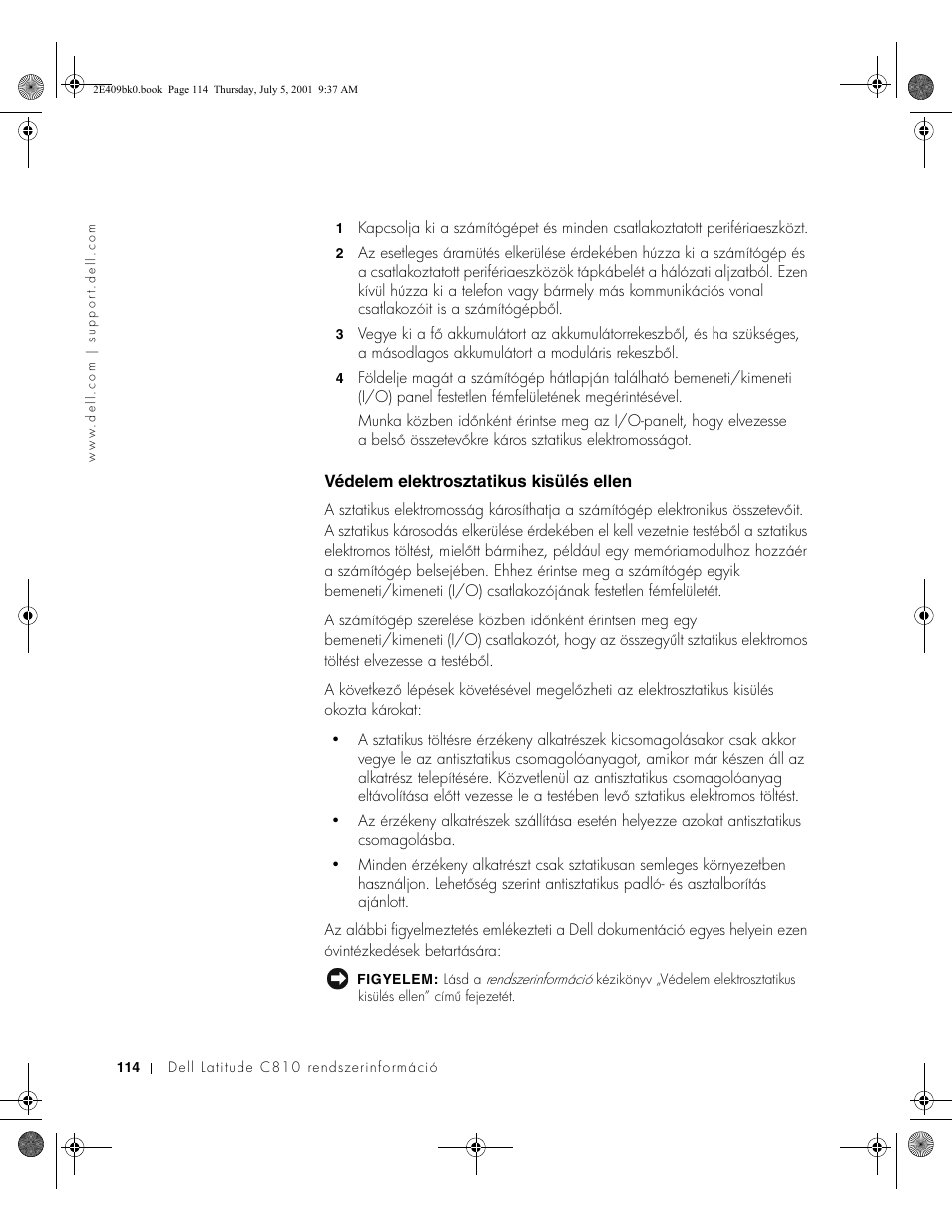 Védelem elektrosztatikus kisülés ellen | Dell Latitude C810 User Manual | Page 116 / 304