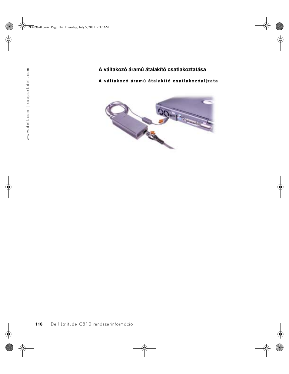 A váltakozó áramú átalakító csatlakoztatása | Dell Latitude C810 User Manual | Page 118 / 304