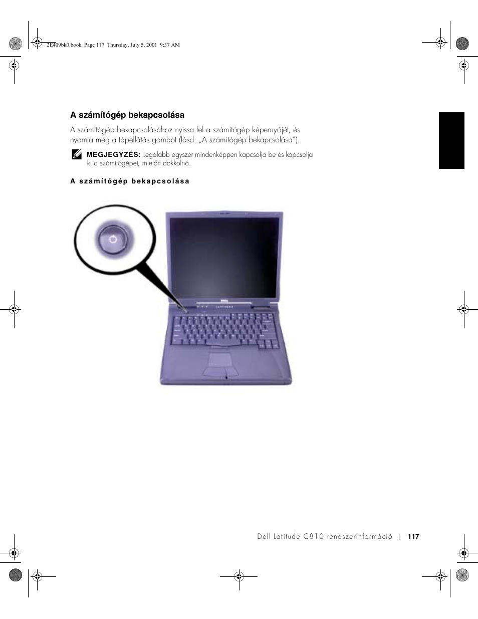 A számítógép bekapcsolása | Dell Latitude C810 User Manual | Page 119 / 304