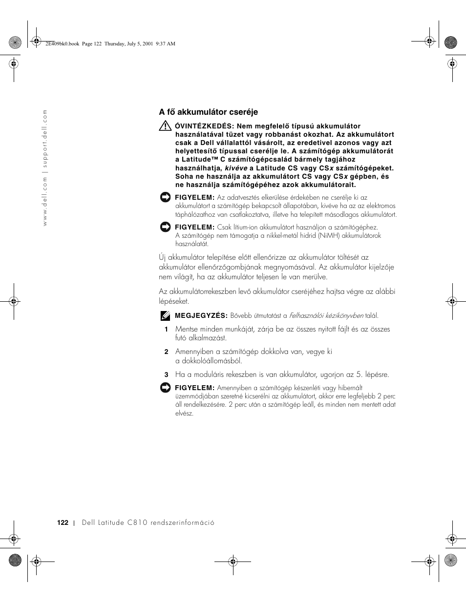 A fõ akkumulátor cseréje, A fő akkumulátor cseréje | Dell Latitude C810 User Manual | Page 124 / 304