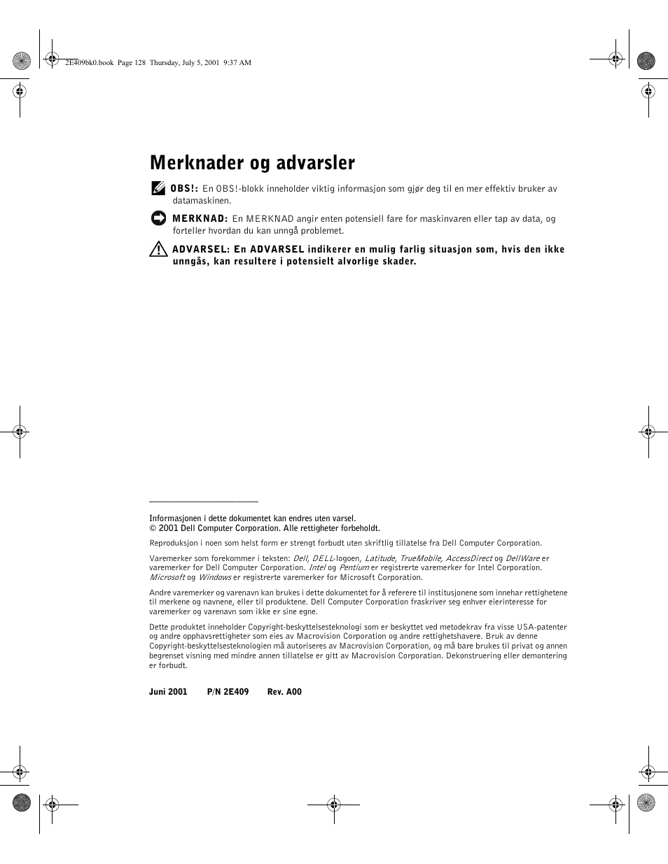 Merknader og advarsler | Dell Latitude C810 User Manual | Page 130 / 304