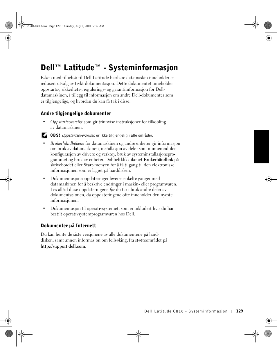 Dell™ latitude™ - systeminformasjon, Andre tilgjengelige dokumenter, Dokumenter på internett | Norsk | Dell Latitude C810 User Manual | Page 131 / 304