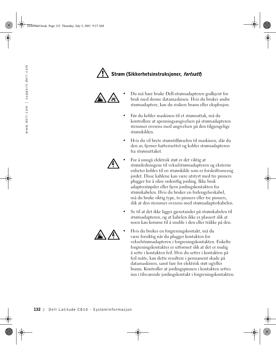 Strøm (sikkerhetsinstruksjoner, fortsatt) | Dell Latitude C810 User Manual | Page 134 / 304