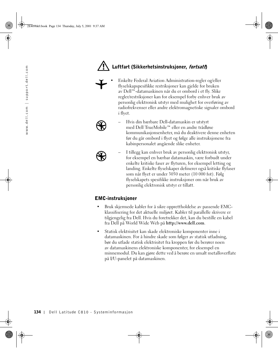 Luftfart (sikkerhetsinstruksjoner, fortsatt), Emc-instruksjoner | Dell Latitude C810 User Manual | Page 136 / 304