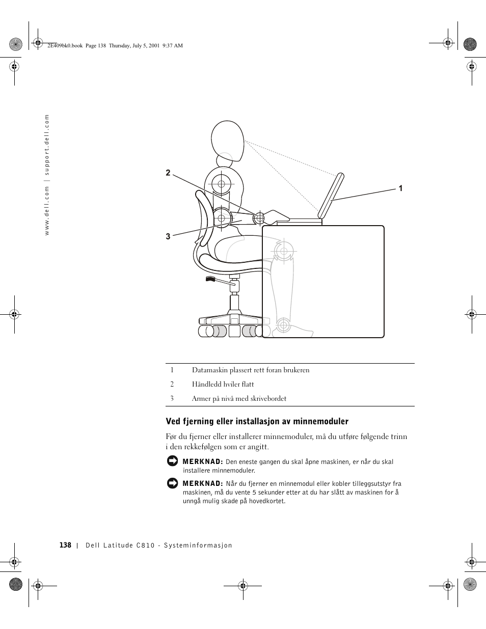Ved fjerning eller installasjon av minnemoduler | Dell Latitude C810 User Manual | Page 140 / 304