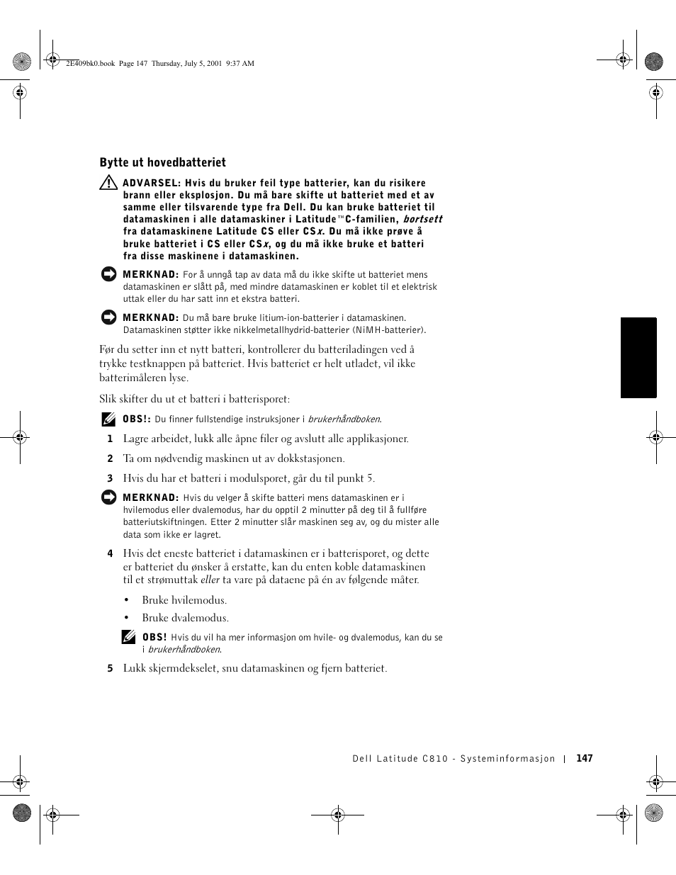 Bytte ut hovedbatteriet | Dell Latitude C810 User Manual | Page 149 / 304