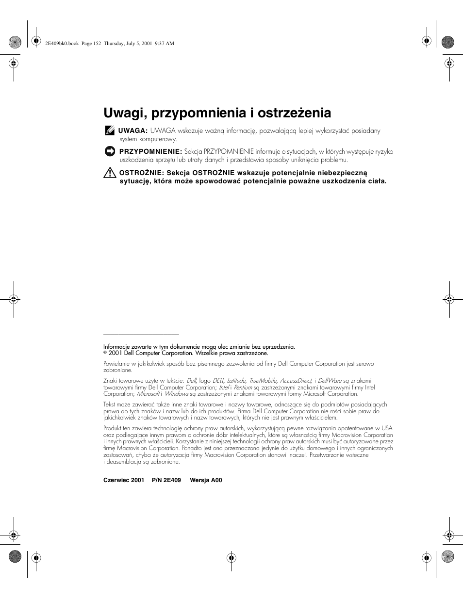 Uwagi, przypomnienia i ostrzeżenia | Dell Latitude C810 User Manual | Page 154 / 304