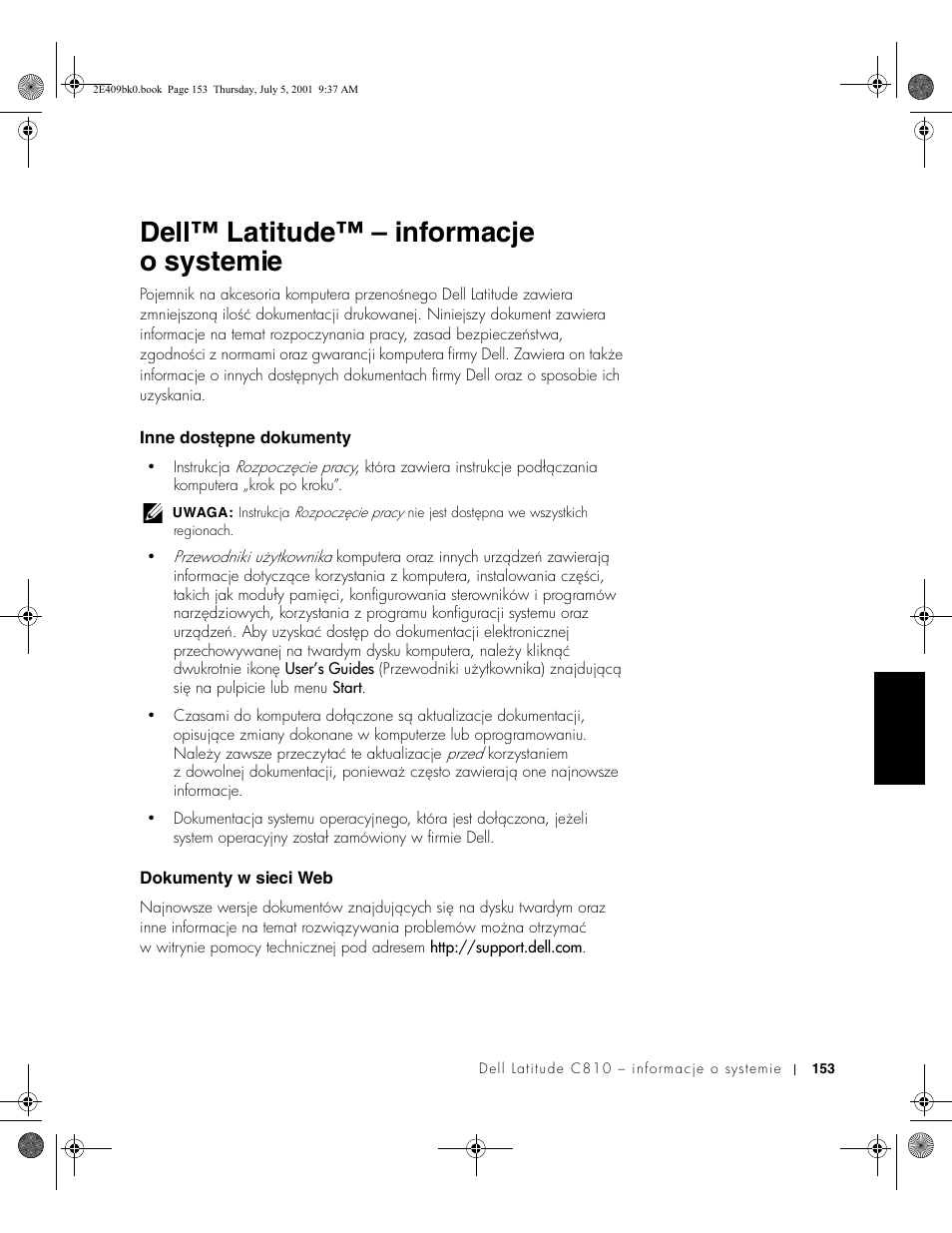 Dell™ latitude™ – informacje osystemie, Inne dostępne dokumenty, Dokumenty w sieci web | Polski, Dell™ latitude™ – informacje o systemie | Dell Latitude C810 User Manual | Page 155 / 304