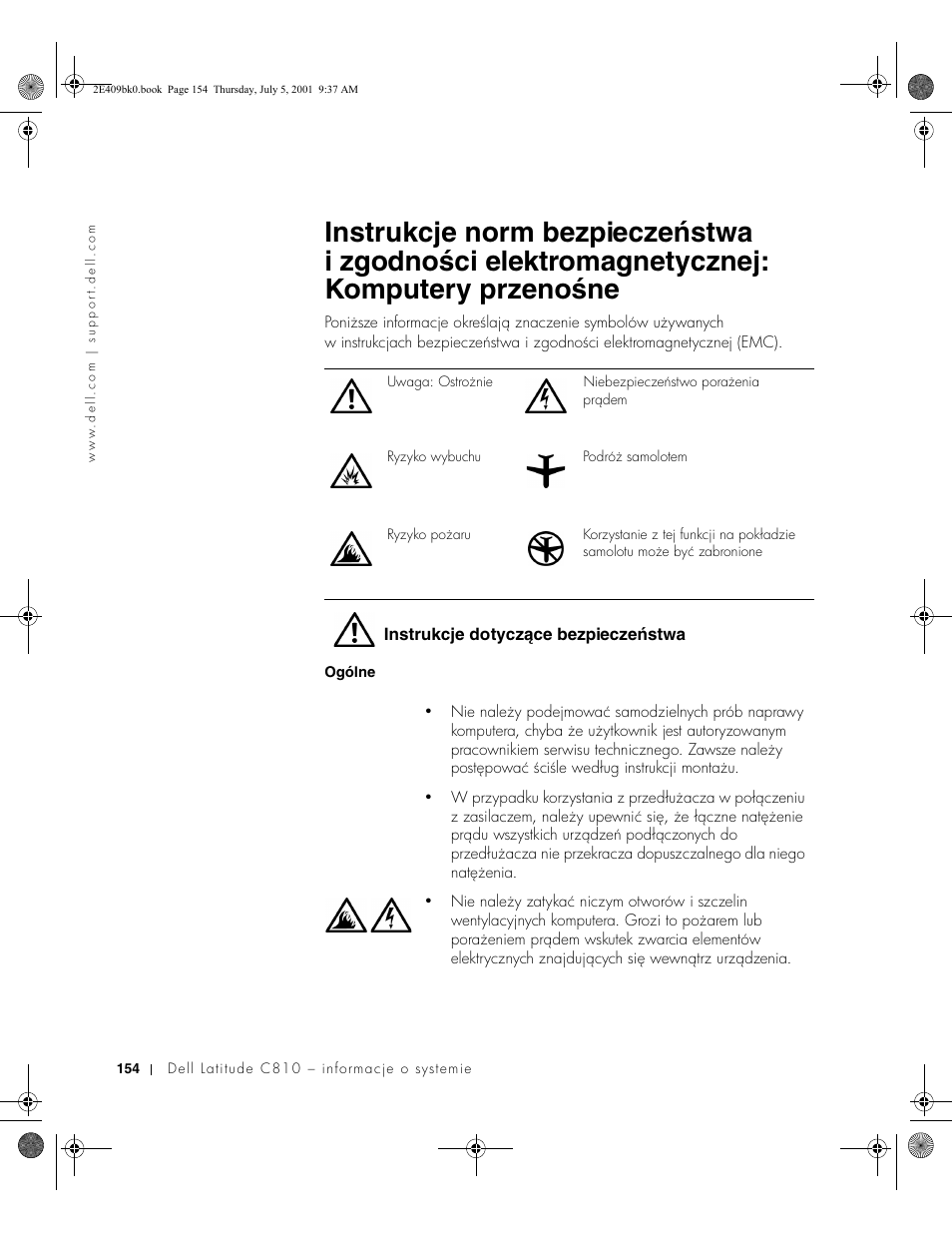 Instrukcje dotyczące bezpieczeństwa | Dell Latitude C810 User Manual | Page 156 / 304