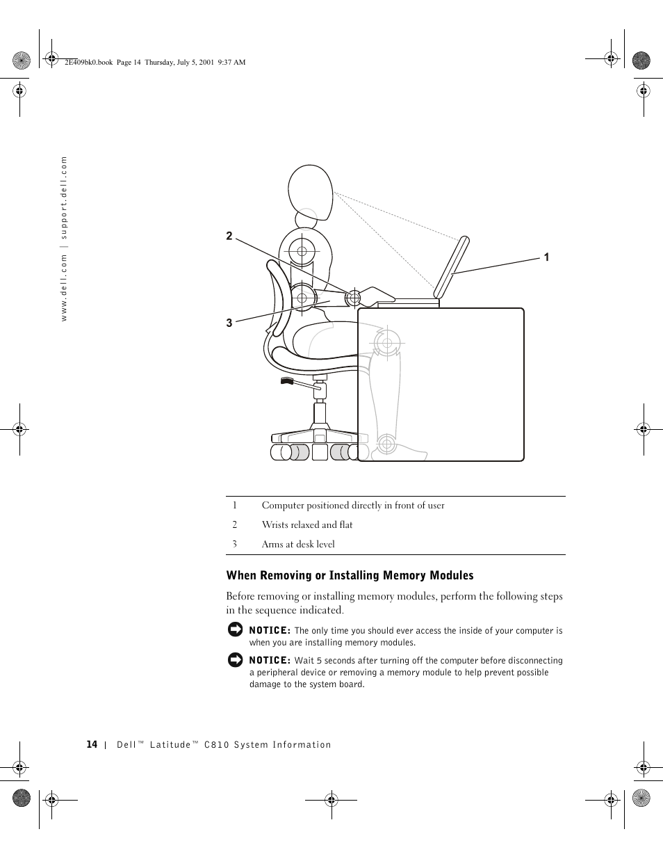 When removing or installing memory modules | Dell Latitude C810 User Manual | Page 16 / 304