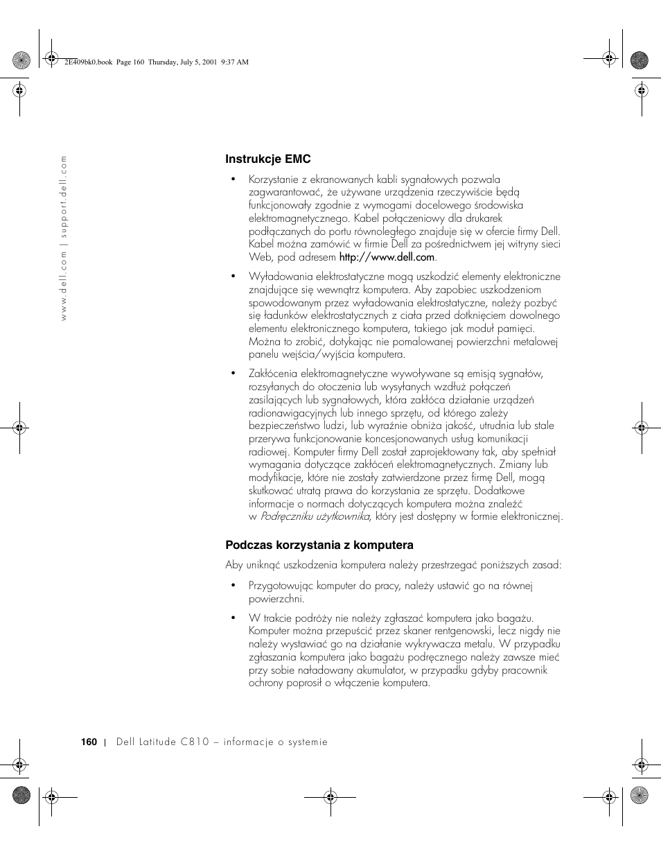 Instrukcje emc, Podczas korzystania z komputera | Dell Latitude C810 User Manual | Page 162 / 304