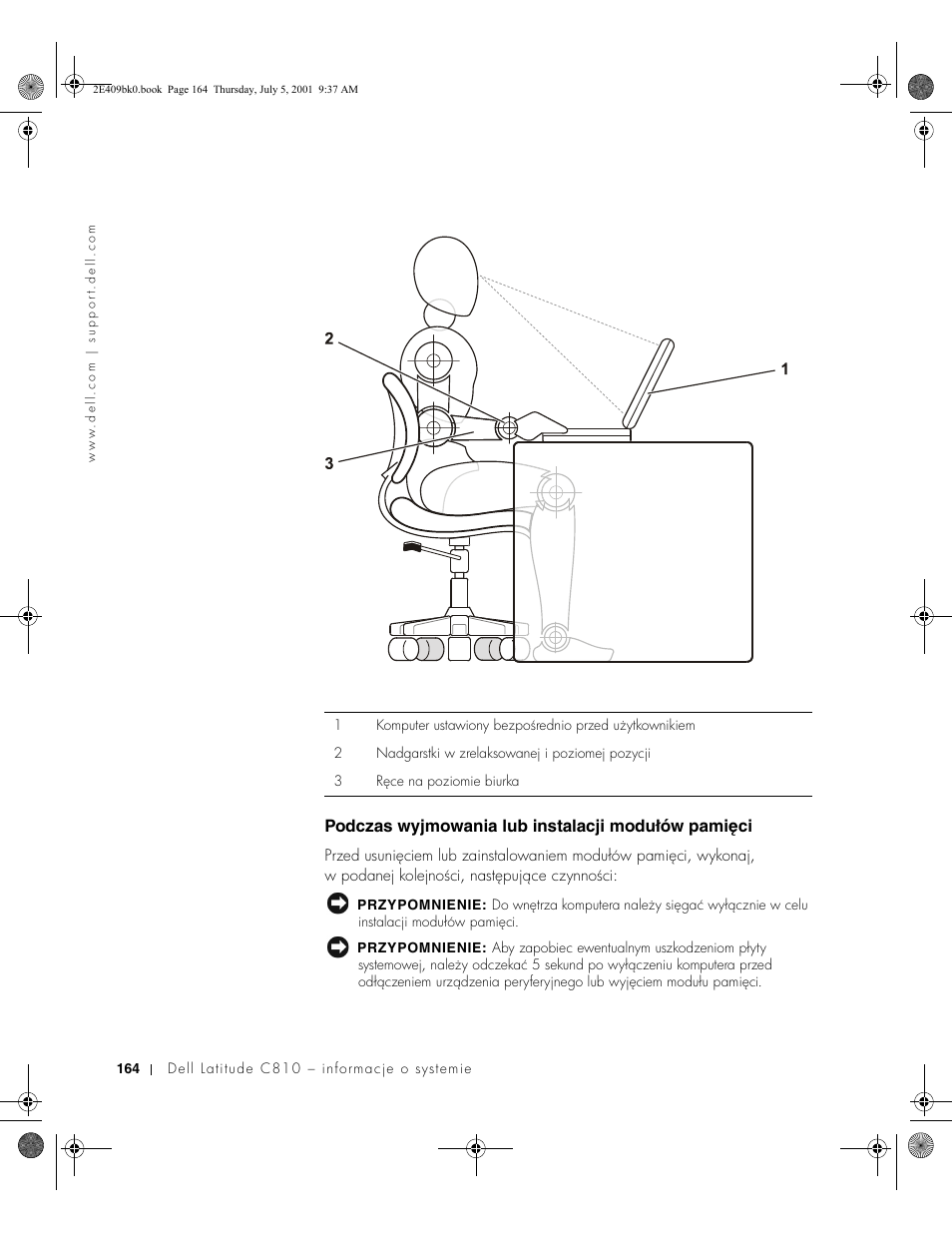 Podczas wyjmowania lub instalacji modułów pamięci | Dell Latitude C810 User Manual | Page 166 / 304