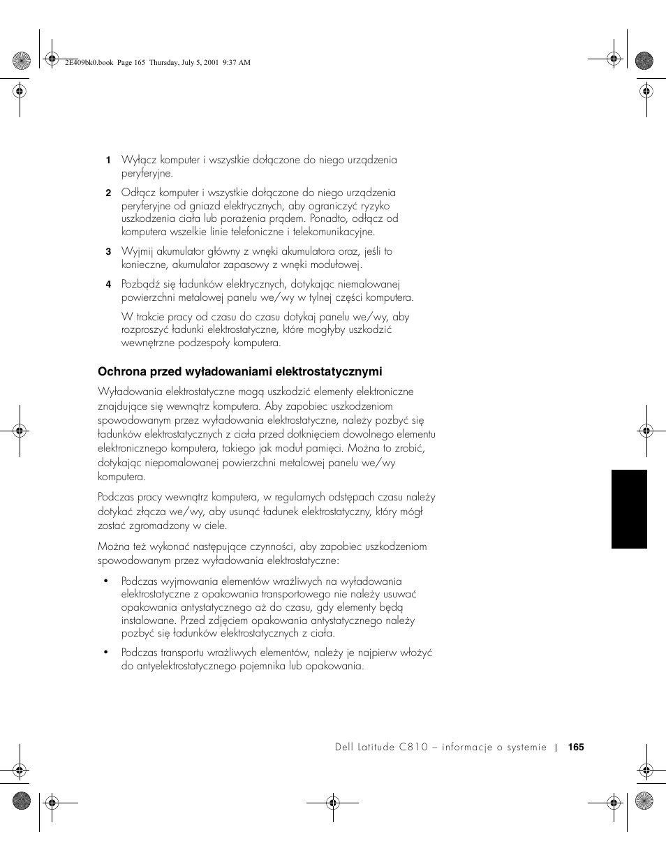 Ochrona przed wyładowaniami elektrostatycznymi | Dell Latitude C810 User Manual | Page 167 / 304