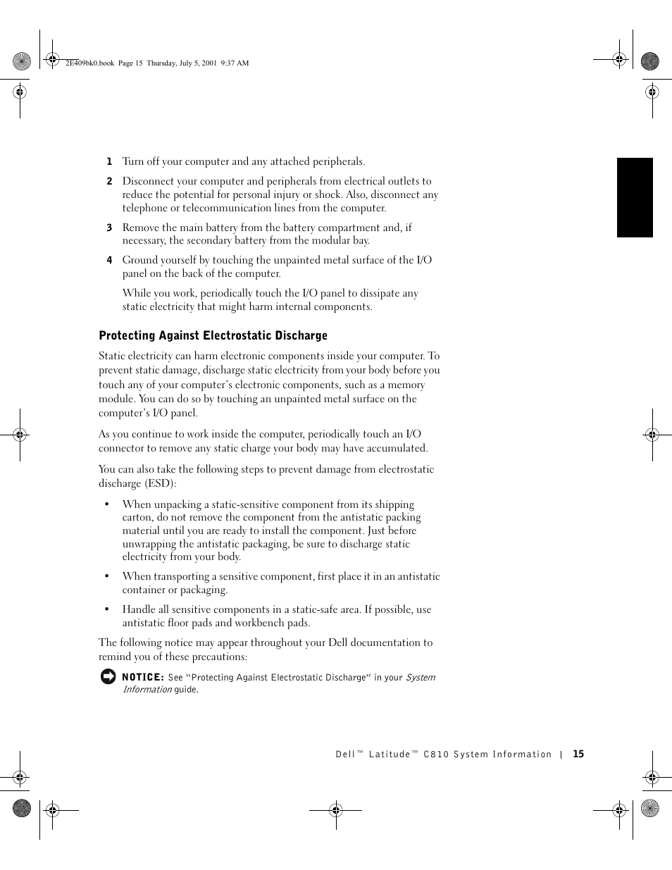 Protecting against electrostatic discharge | Dell Latitude C810 User Manual | Page 17 / 304