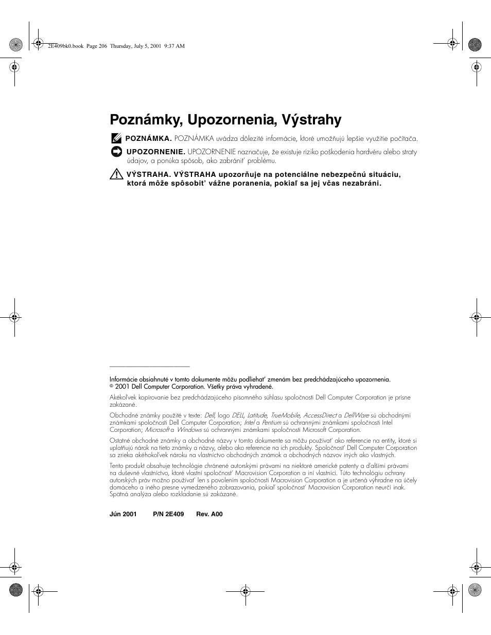 Poznámky, upozornenia, výstrahy | Dell Latitude C810 User Manual | Page 208 / 304