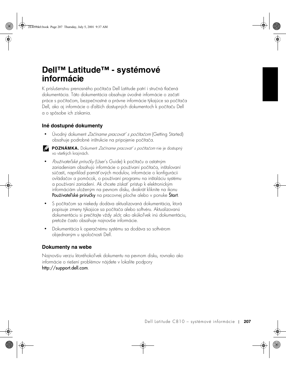 Dell™ latitude™ - systémové informácie, Iné dostupné dokumenty, Dokumenty na webe | Dell Latitude C810 User Manual | Page 209 / 304