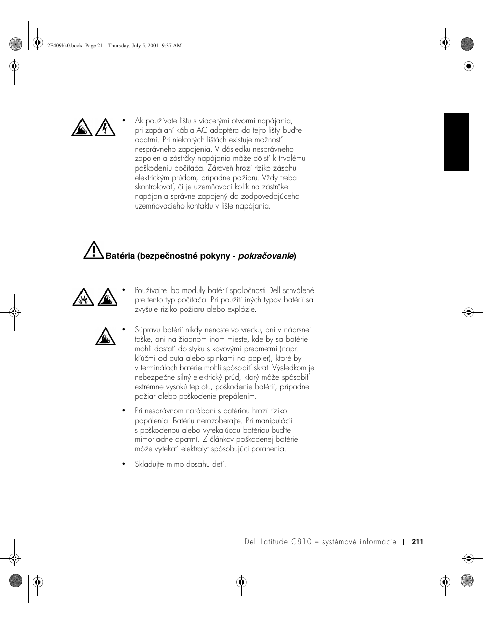 Batéria (bezpečnostné pokyny - pokračovanie) | Dell Latitude C810 User Manual | Page 213 / 304