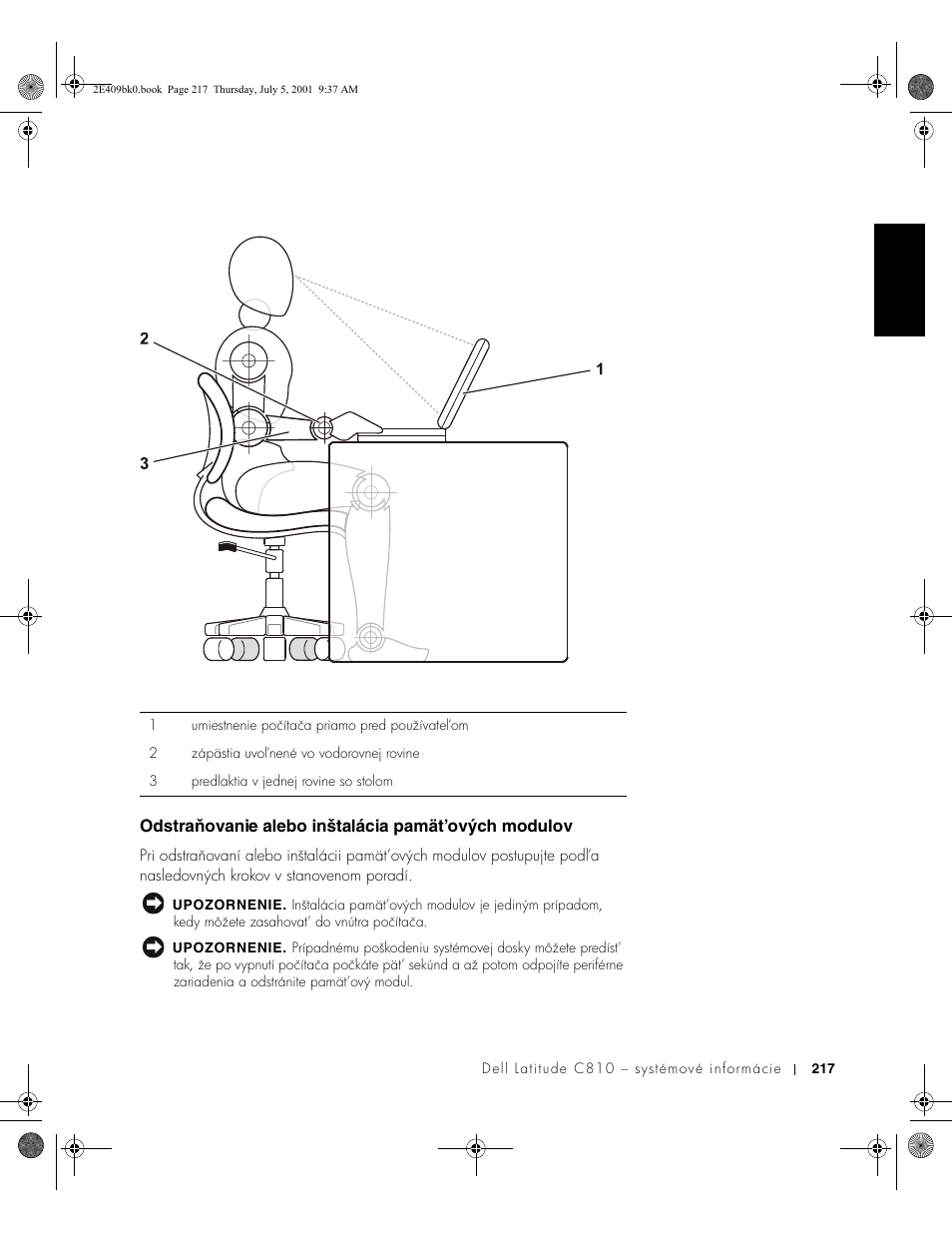 Odstraňovanie alebo inštalácia pamät’ových modulov | Dell Latitude C810 User Manual | Page 219 / 304