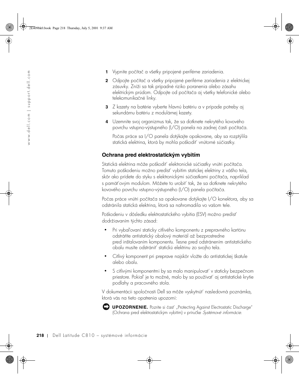 Ochrana pred elektrostatickým vybitím | Dell Latitude C810 User Manual | Page 220 / 304
