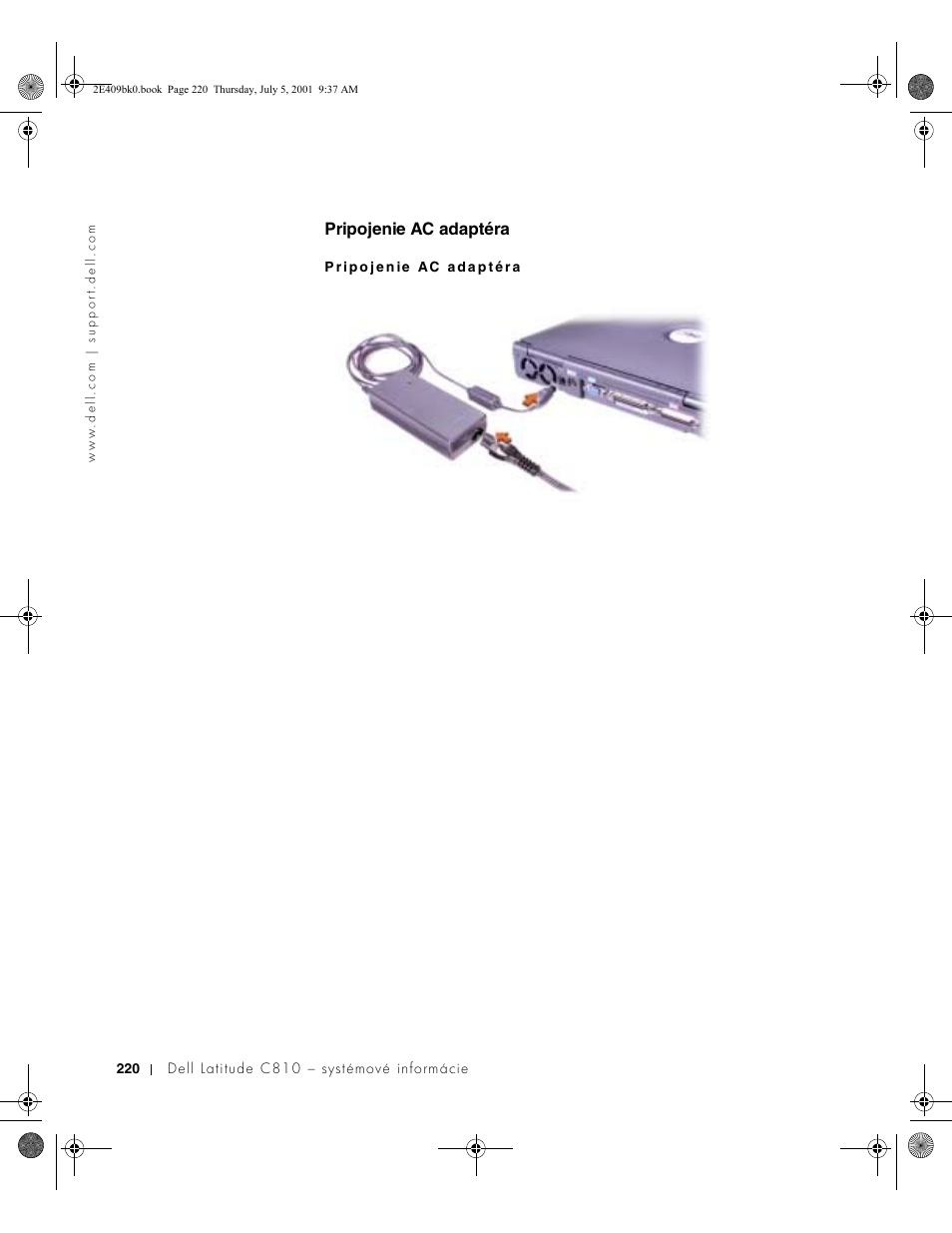 Pripojenie ac adaptéra | Dell Latitude C810 User Manual | Page 222 / 304