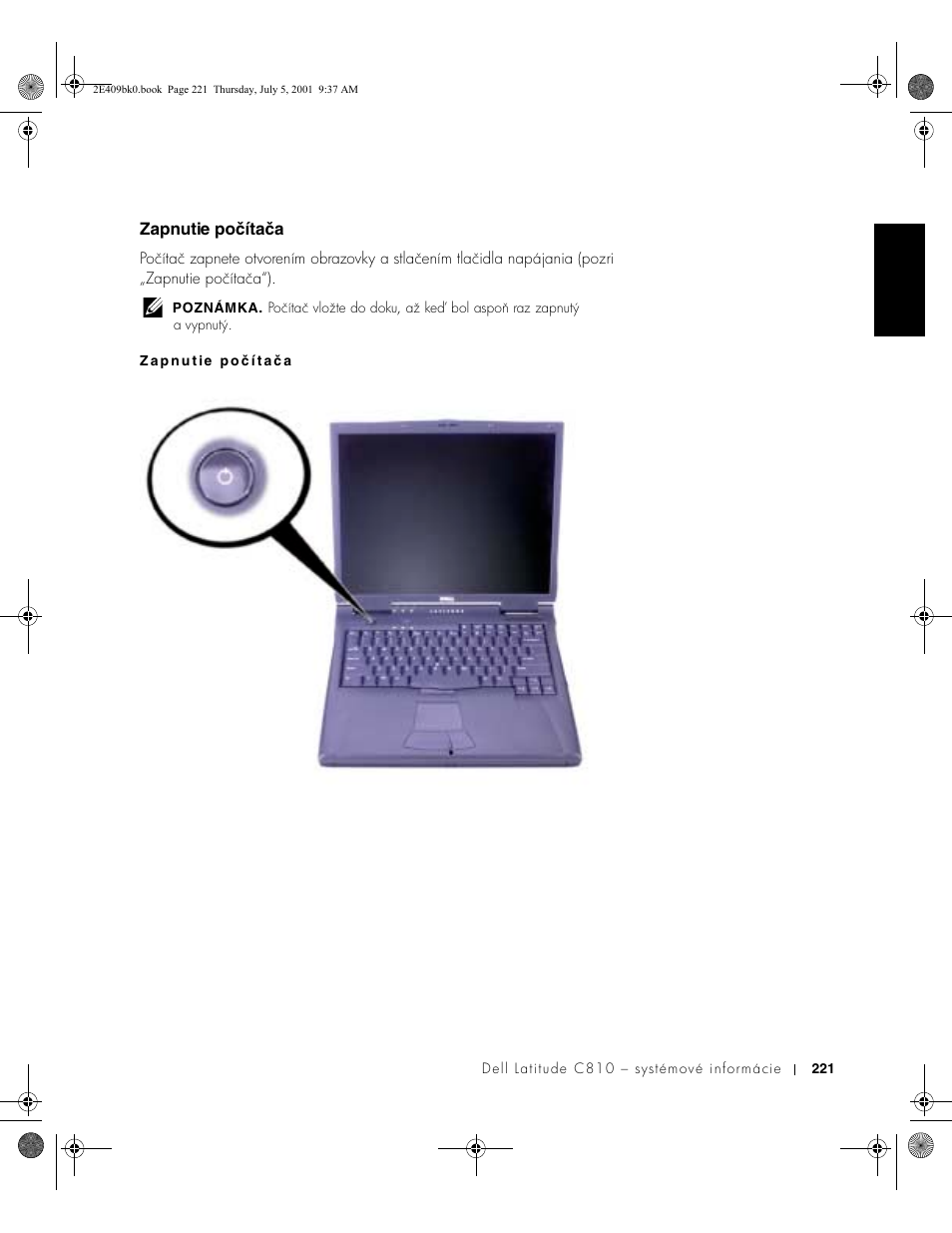 Zapnutie počítača | Dell Latitude C810 User Manual | Page 223 / 304