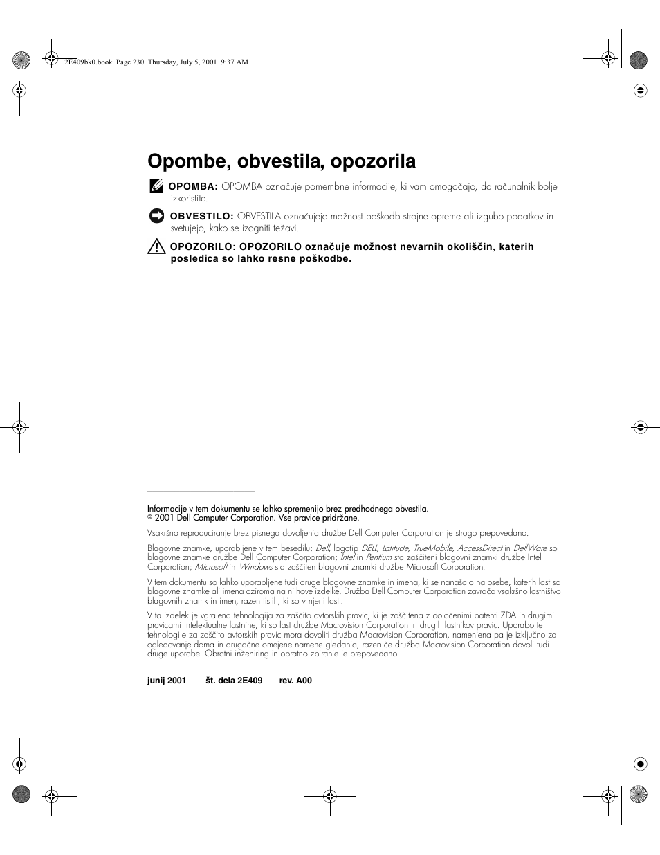 Opombe, obvestila, opozorila | Dell Latitude C810 User Manual | Page 232 / 304