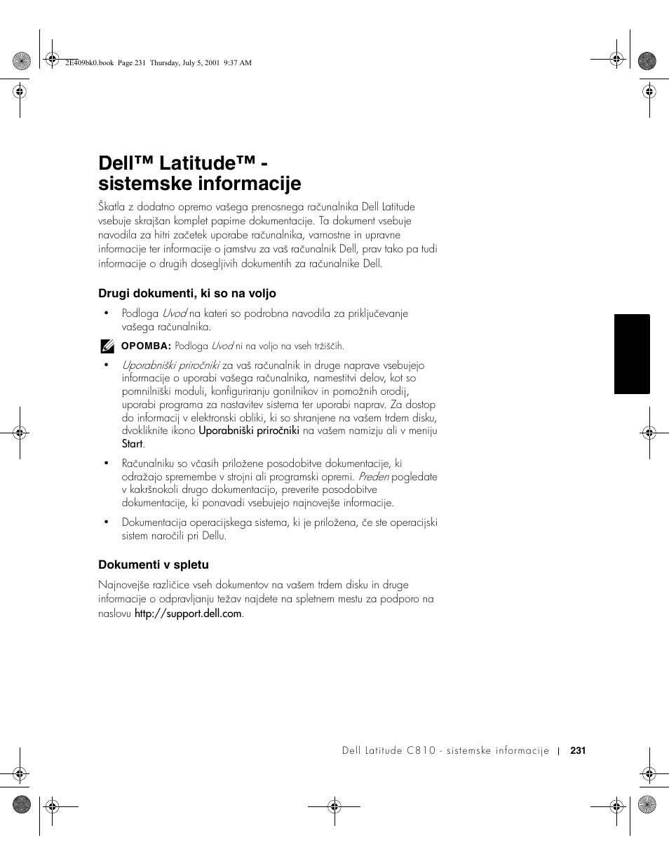 Dell™ latitude™ - sistemskeinformacije, Drugi dokumenti, ki so na voljo, Dokumenti v spletu | Dell™ latitude™ - sistemske informacije | Dell Latitude C810 User Manual | Page 233 / 304