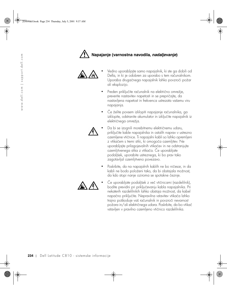 Napajanje (varnostna navodila, nadaljevanje), Napajanje (varnostna navodila, nadaljevanje ) | Dell Latitude C810 User Manual | Page 236 / 304