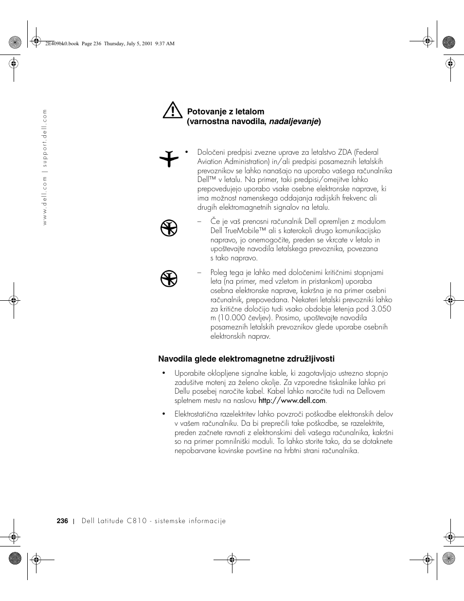 Navodila glede elektromagnetne združljivosti | Dell Latitude C810 User Manual | Page 238 / 304