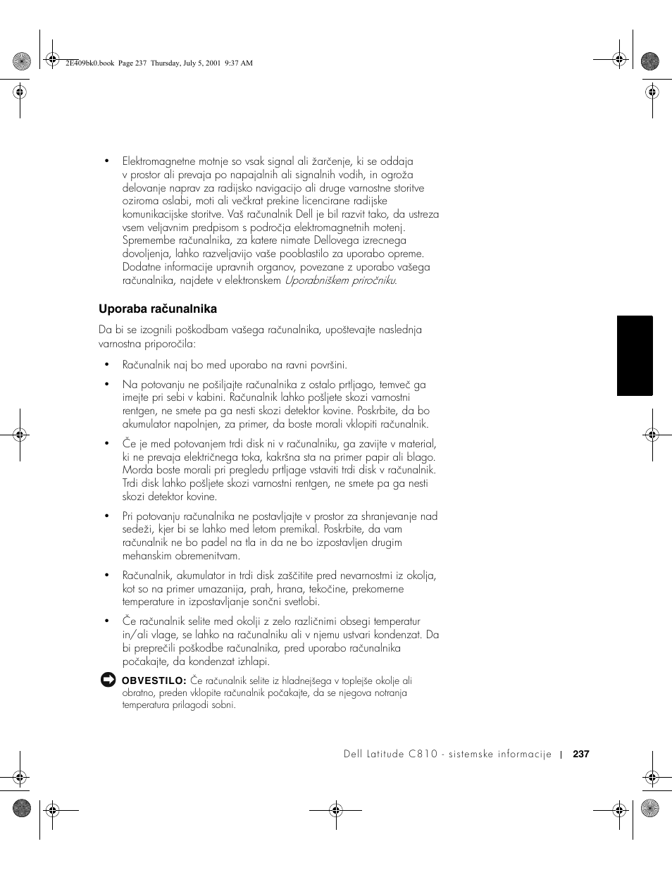 Uporaba računalnika | Dell Latitude C810 User Manual | Page 239 / 304