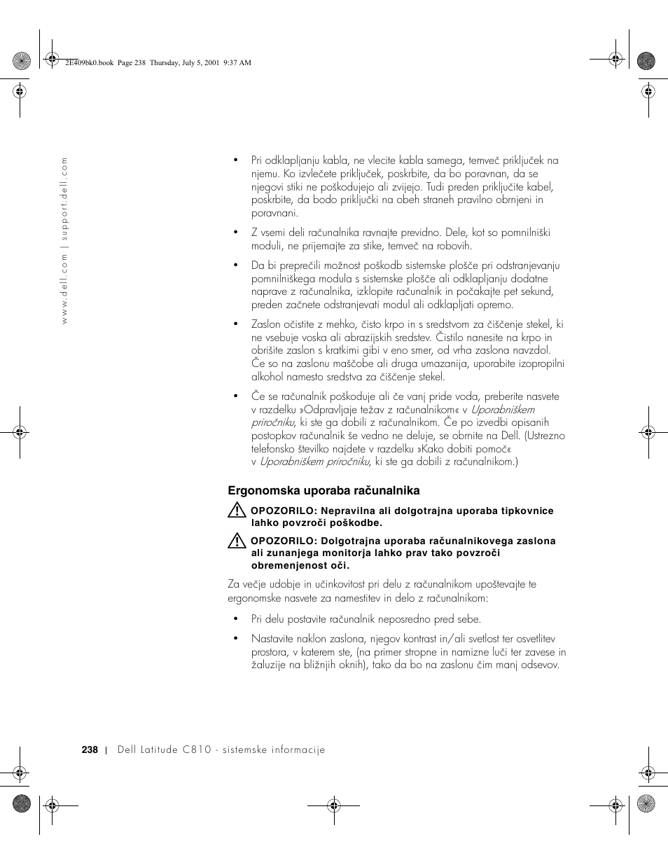 Ergonomska uporaba računalnika | Dell Latitude C810 User Manual | Page 240 / 304
