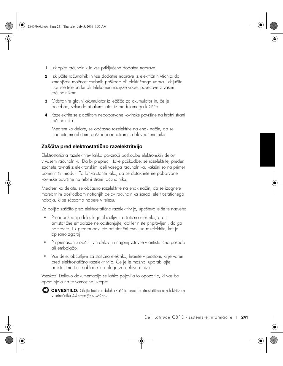 Zaščita pred elektrostatično razelektritvijo | Dell Latitude C810 User Manual | Page 243 / 304