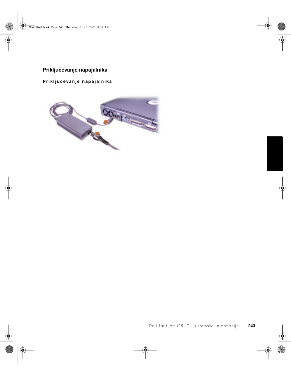 Priključevanje napajalnika | Dell Latitude C810 User Manual | Page 245 / 304