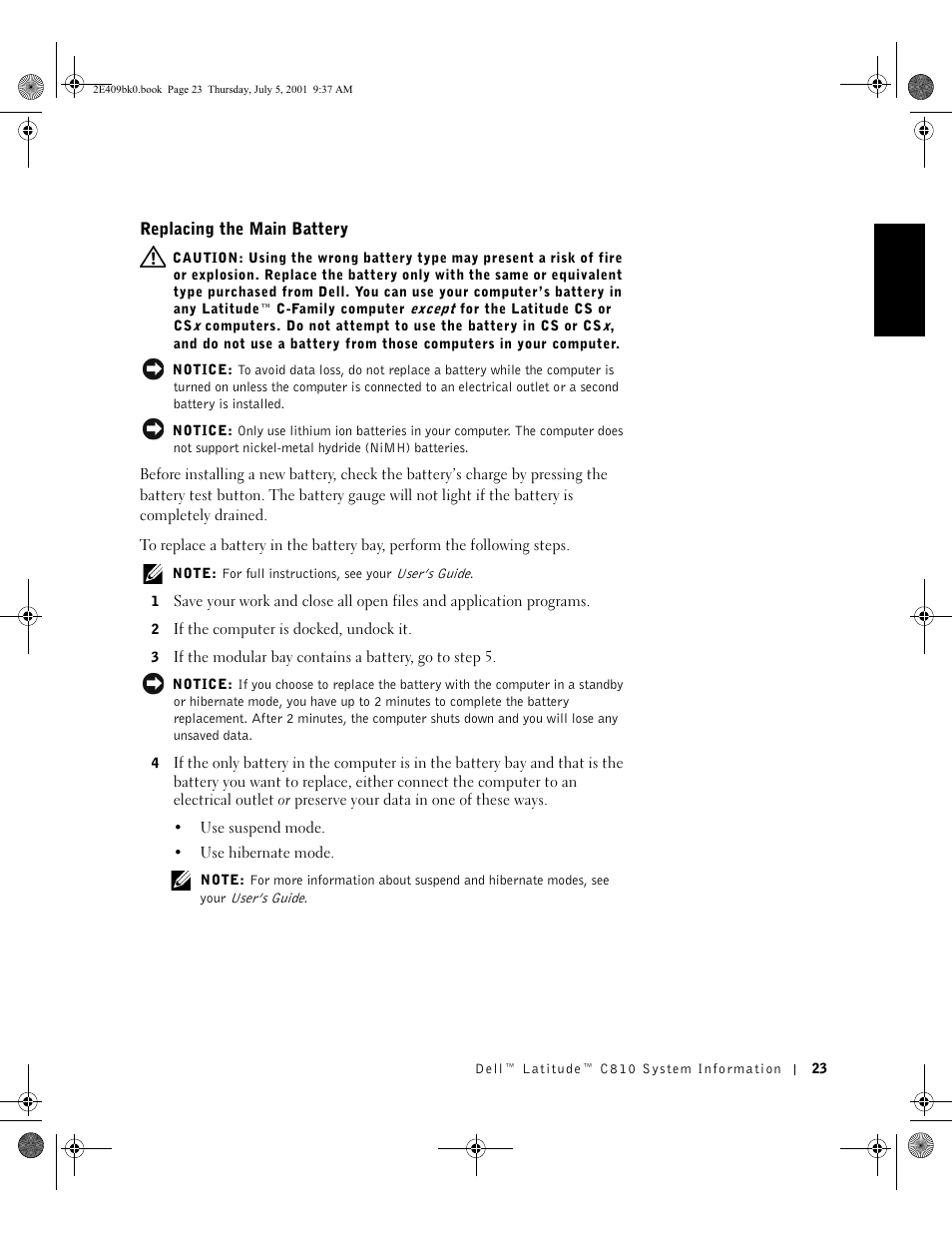 Replacing the main battery | Dell Latitude C810 User Manual | Page 25 / 304