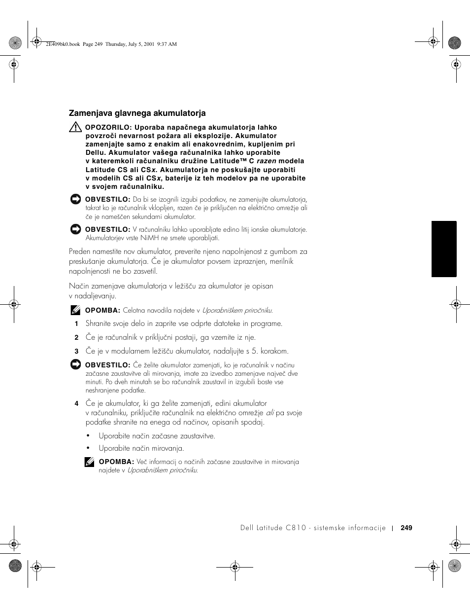 Zamenjava glavnega akumulatorja | Dell Latitude C810 User Manual | Page 251 / 304