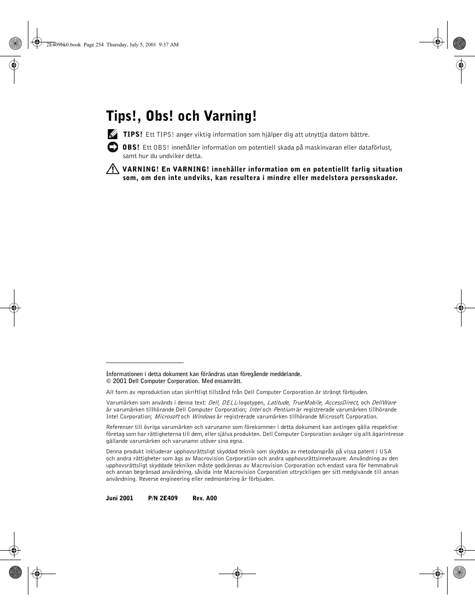 Tips!, obs! och varning | Dell Latitude C810 User Manual | Page 256 / 304