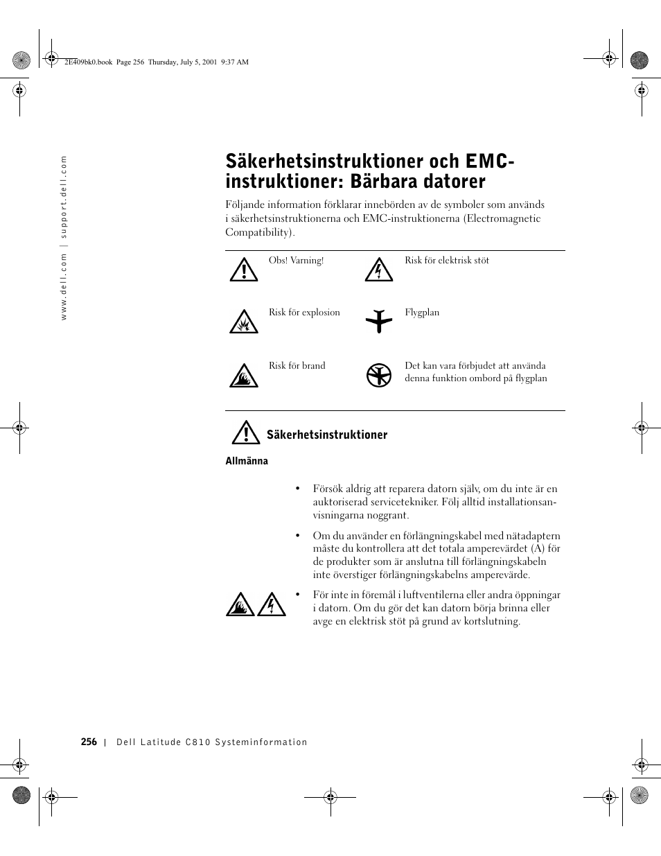Säkerhetsinstruktioner | Dell Latitude C810 User Manual | Page 258 / 304